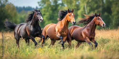 Three beautiful horses gallop freely through a vibrant green field. The dynamic movement captures their grace and speed. This image embodies the spirit of nature and freedom. AI
