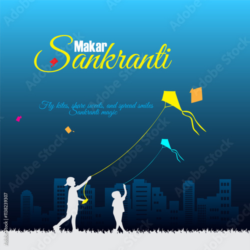 Silhouettes of colorful kites fly in the sky with the words Makar Sankranti in festive font Children fly kites in a city setting against a blue sky and cityscape capturing the joy and excitement