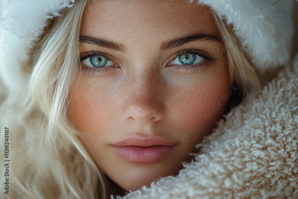 Portrait of a beautiful Snow Maiden girl with frosted face and bright blue eyes, Christmas Santa female character, Generative AI Portrait of a beautiful Snow Maiden girl with frosted face and bright blue eyes, Christmas Santa female character, Generative AI