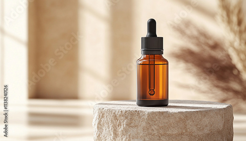 Mockup brown dropper bottle facial serum is placed on the cosmetics podium on a stone surface surrounded, dried flowers. Beige minimalist stone background in wabi sabi style