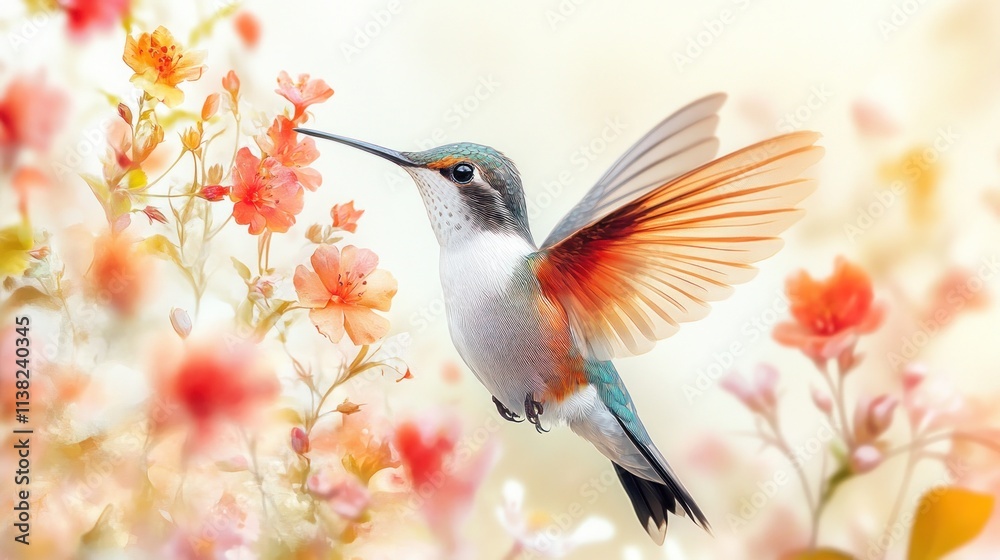 Fototapeta premium A hummingbird hovering near colorful flowers in a soft, dreamy setting.