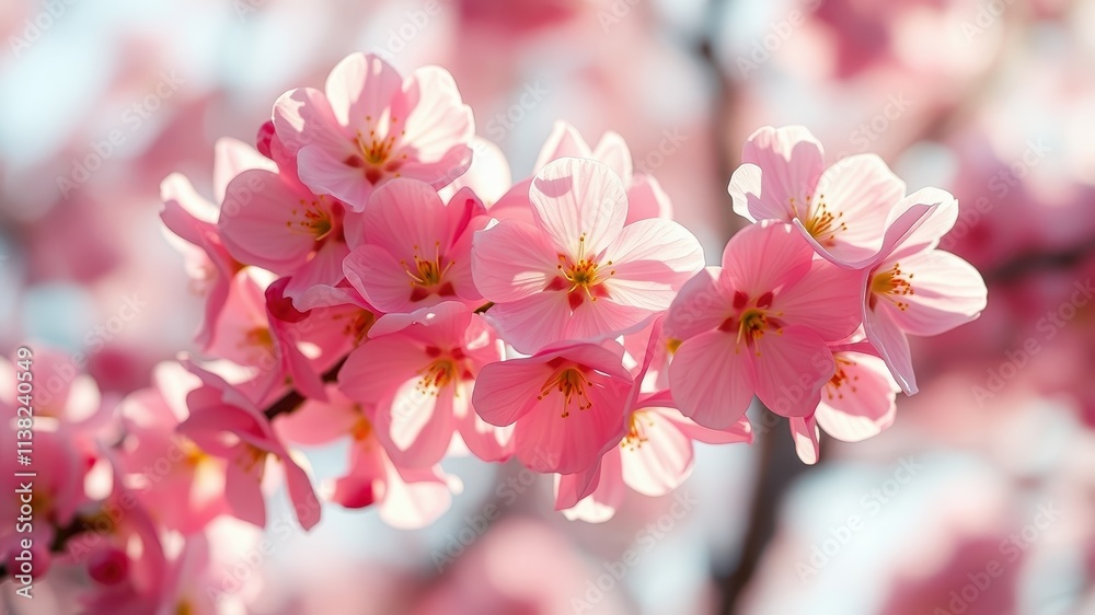 Delicate pink blossoms open in the gentle sunlight, showcasing their soft petals and delicate pollen-dusted centers. Delicate pink blossoms open in the gentle sunlight, showcasing their soft petals and delicate pollen-dusted centers.