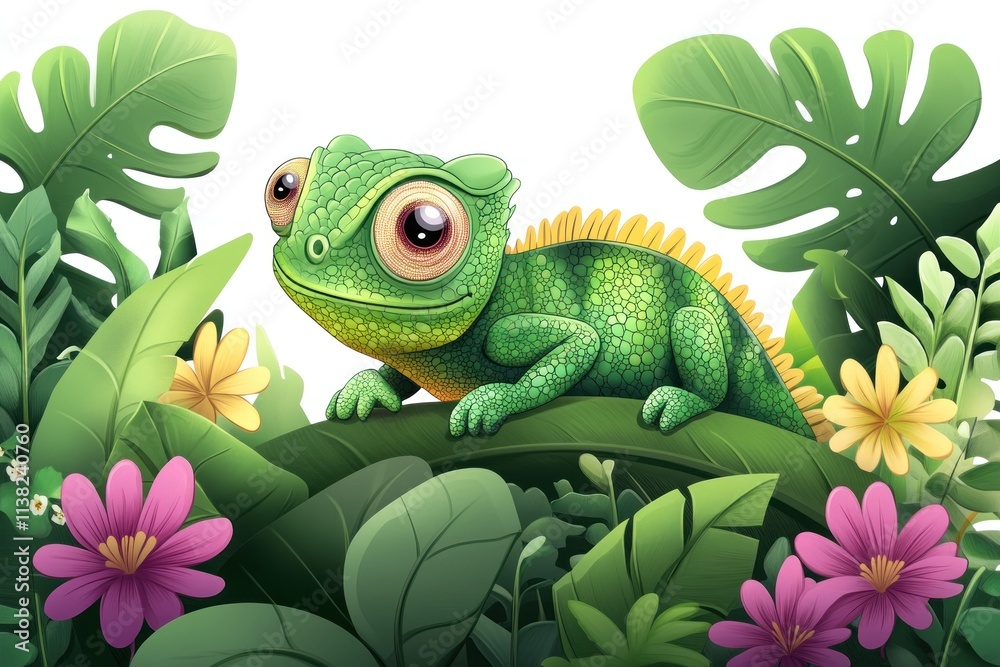 Fototapeta premium Vibrant Green Lizard Amidst Colorful Tropical Foliage with Lush Leaves and Bright Flowers, Capturing the Essence of Jungle Wildlife in a Playful, Cartoonish Style