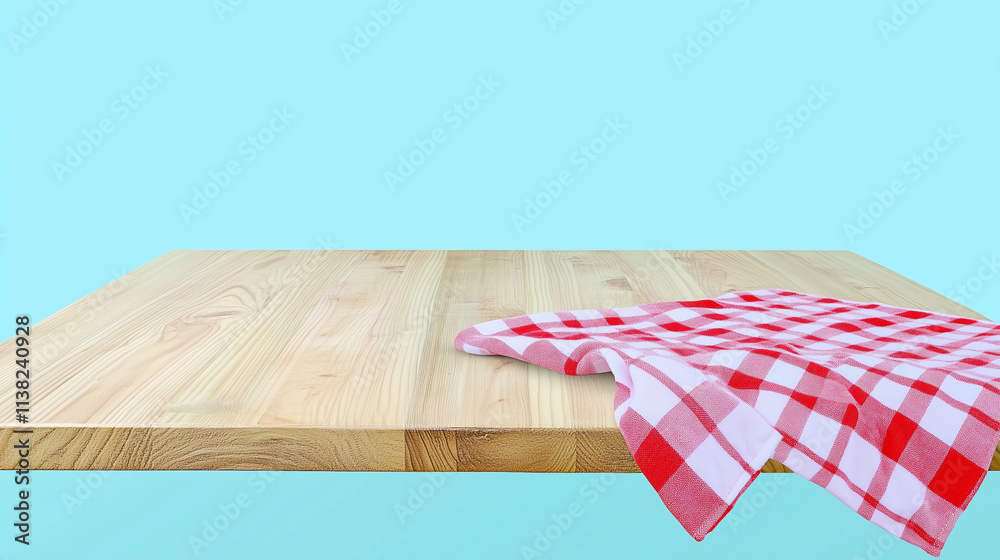 Rustic Wooden Tabletop Mockup with Red and White Checkered Kitchen Towel on a Blue Background, Perfect for Food Product Display, Branding, and Marketing. Rustic Wooden Tabletop Mockup with Red and White Checkered Kitchen Towel on a Blue Background, Perfect for Food Product Display, Branding, and Marketing.