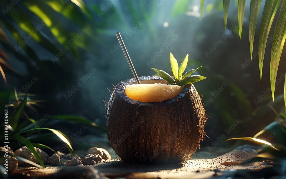 A fresh coconut with a straw and tropical drink inside A fresh coconut with a straw and tropical drink inside