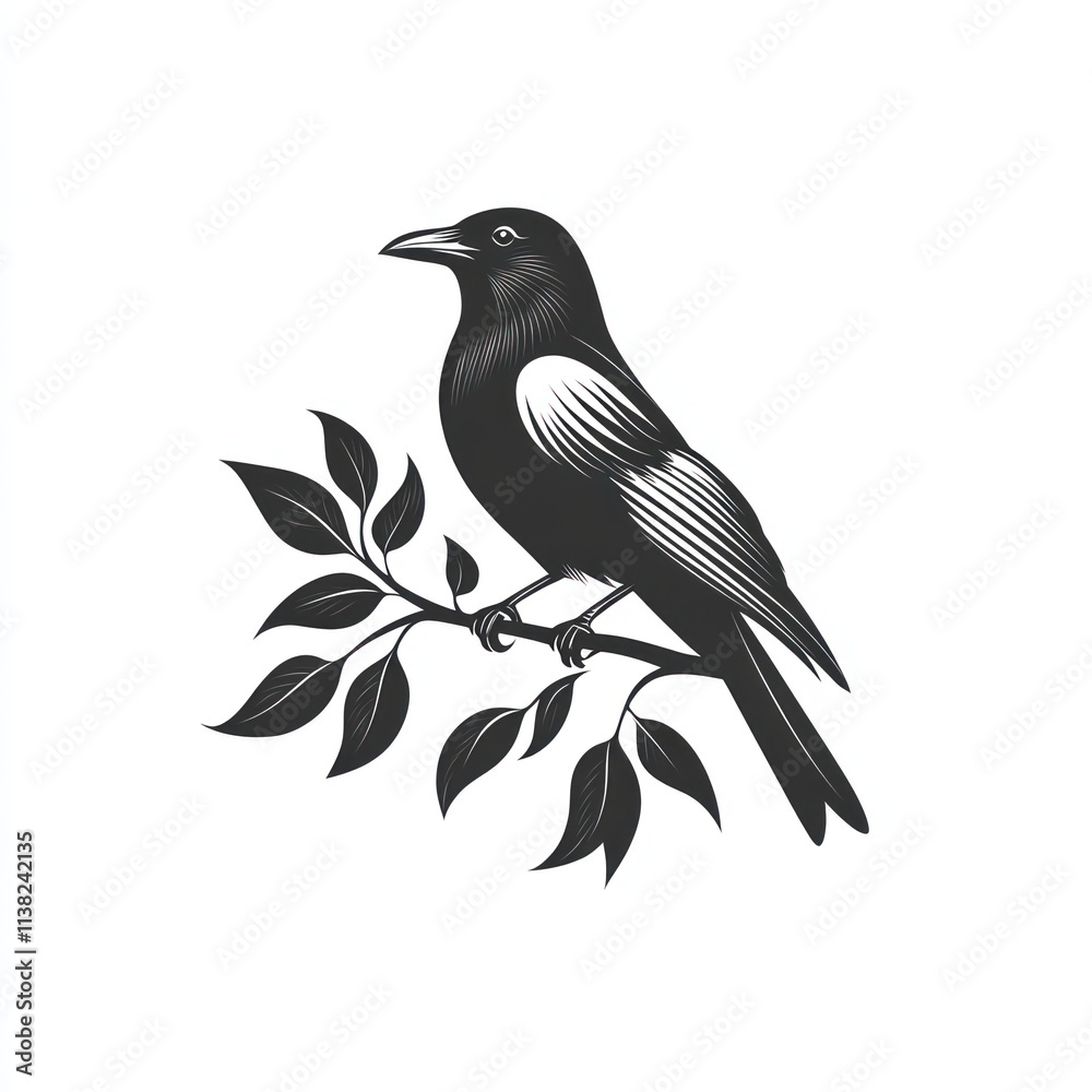 Obraz premium Monochrome illustration of a crow perched on a branch with leaves.