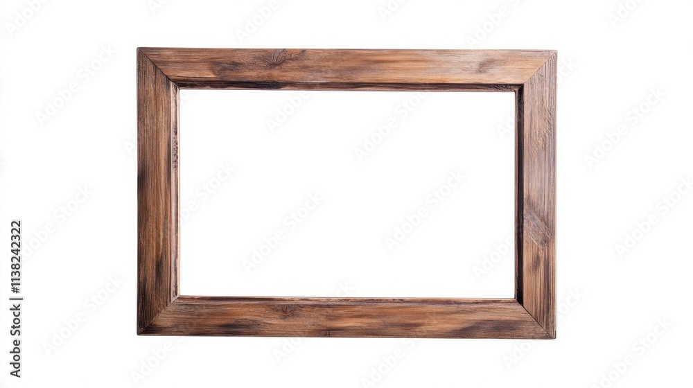 A rustic wooden photo frame with a blank interior, perfect for showcasing pictures or artwork. A rustic wooden photo frame with a blank interior, perfect for showcasing pictures or artwork.