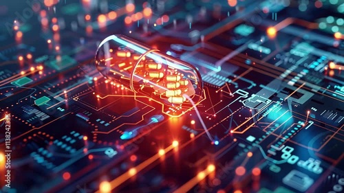 Transparent pill containing nanobots is lying on a futuristic circuit board, symbolizing advancements in medical technology and nanorobotics photo