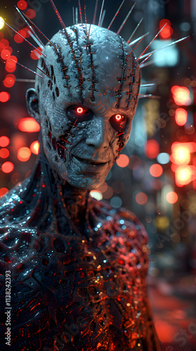 Imagine a vibrant, futuristic metropolis with neon lights where a mysterious cybernetic being with glowing red eyes and mechanical traits stands, radiating a surreal charm