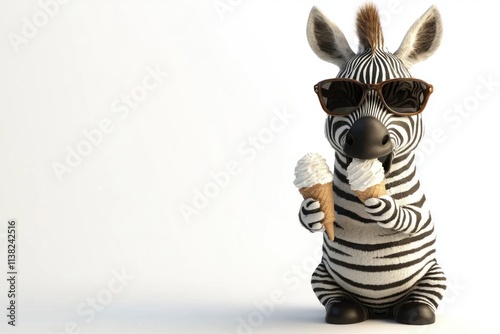 Cute zebra character wearing sunglasses and holding ice cream cones in both hands against a bright, clean background for playful and fun concepts. photo