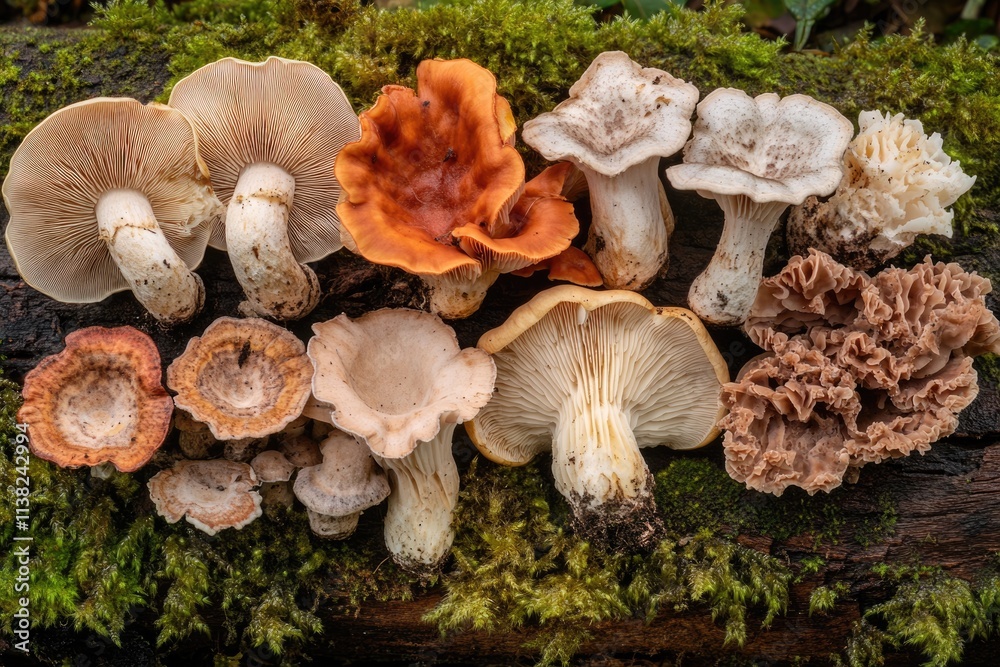 A collection of diverse mushrooms, showcasing various colors and textures, growing on a mossy log. A collection of diverse mushrooms, showcasing various colors and textures, growing on a mossy log.