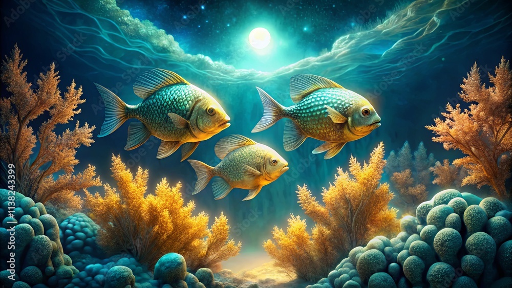 Underwater Scene with Colorful Fish in Ocean Depths Underwater Scene with Colorful Fish in Ocean Depths