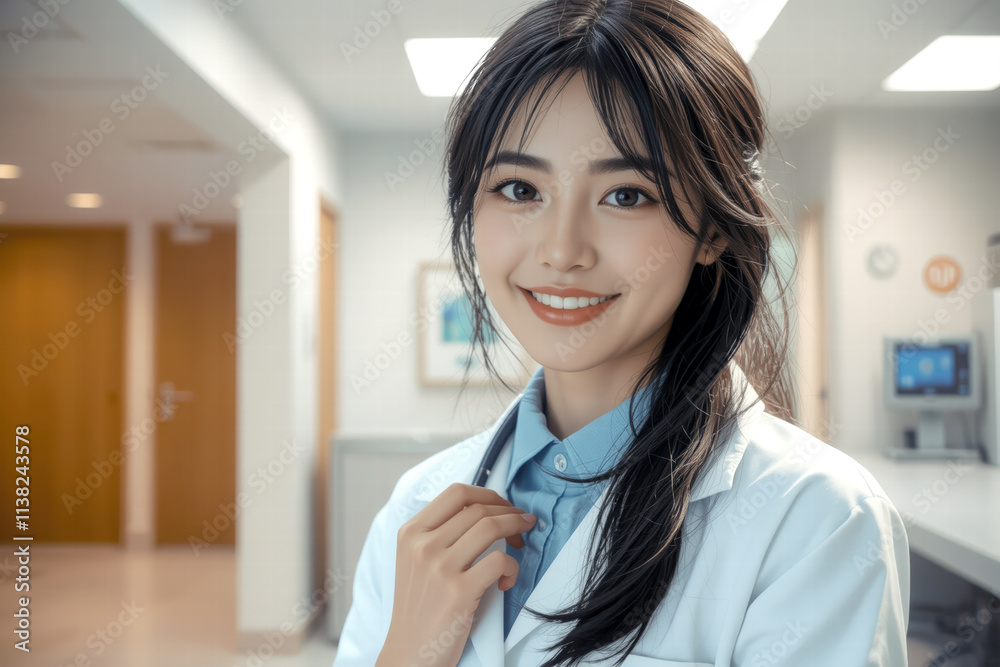 smiling female doctor in white coat, with stethoscope, in modern clinic. She exudes professionalism and warmth, ready to assist patients smiling female doctor in white coat, with stethoscope, in modern clinic. She exudes professionalism and warmth, ready to assist patients