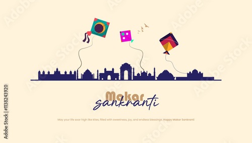Colorful kites fly against a city skyline with Makar Sankranti written in a festive font The image captures the joy excitement and urban spirit of the festival
