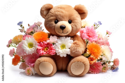 花に囲まれて花を持っているかわいいテディベア（cute teddy bear surrounded by flowers and holding a flower）
 photo