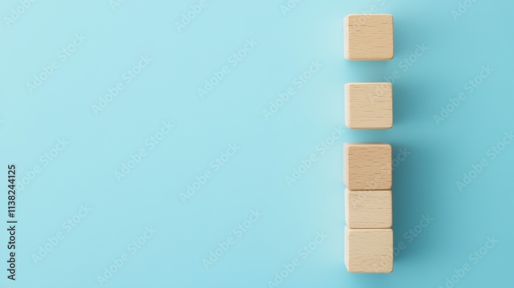 Four wooden blocks are arranged vertically on a light blue background, creating a minimalist and modern aesthetic. Four wooden blocks are arranged vertically on a light blue background, creating a minimalist and modern aesthetic.