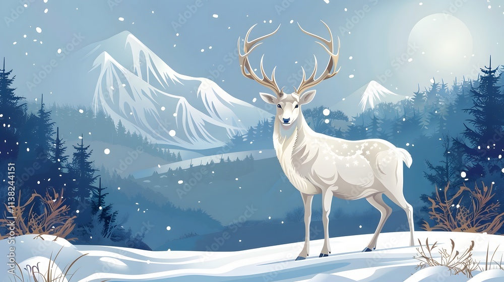 A majestic white deer with perfect antlers, and beautiful winter scenery A majestic white deer with perfect antlers, and beautiful winter scenery