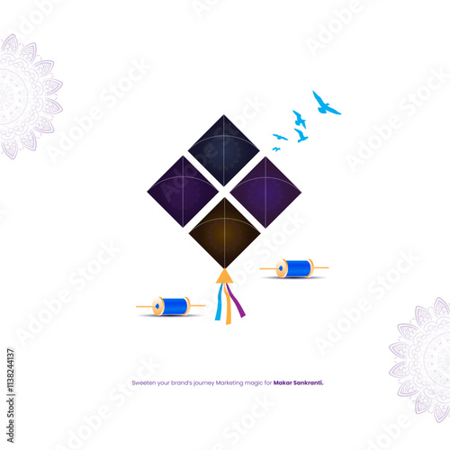 A large geometric kite takes center stage with colorful thread reels beneath it Birds soar nearby adding motion and freedom while mandalas and patterns enhance the festive design