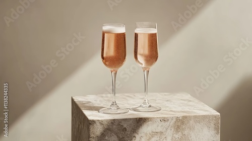 Two champagne glasses, one filled with pink liquid and the other with white cream on top of an empty clear marble block. The background is a soft gray gradient that adds depth to the scene
