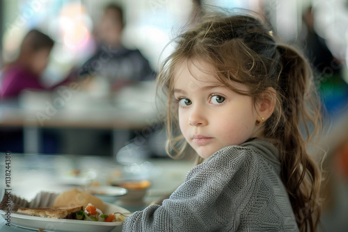 Young Child boy girl Eating Lunch in a School Canteen Setting with Juice and Food on Table, Generative AI