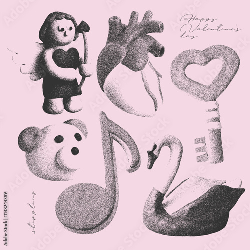 Lovely Elements with a retro photocopy effect. Naive valentine s day concept. Human heart, Cupid and other trendy elements. Grain effect and stippling. Vector dots texture.