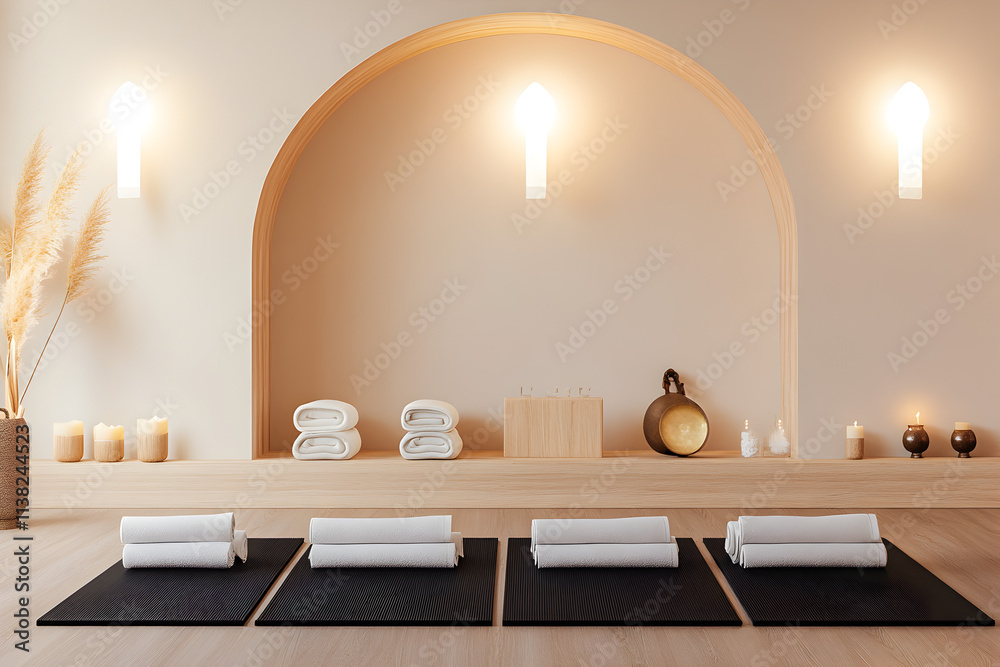 A tranquil meditation and yoga studio with a modern, minimalistic design, featuring an arched wooden shelf filled with neatly folded towels, cushions, and yoga blocks. 3D render.