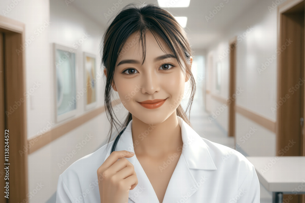 smiling woman in white lab coat stands in hospital corridor, exuding confidence and warmth. Her friendly demeanor brightens clinical environment