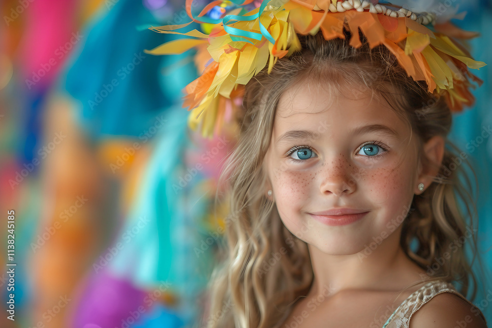 Fototapeta premium Generative AI Image of a Smiling Child in Colorful Traditional Costume at a Festive Holiday Celebration
