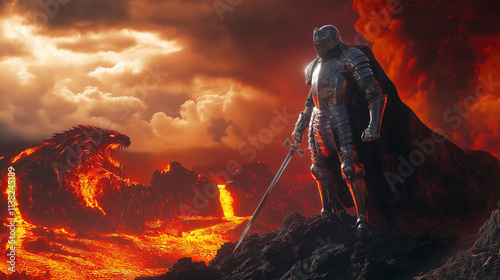 Valiant knight in silver armor facing a massive dragon on a volcanic cliff, with fiery breath and molten lava. Intense, dramatic scene with fiery oranges, blacks, and silvery grays. photo