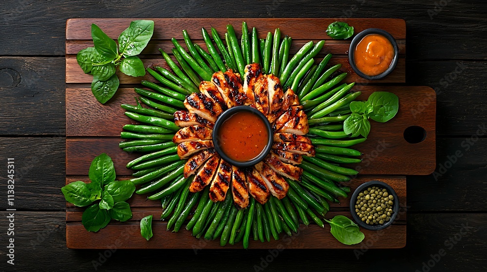 Meal prep grilled chicken green beans. A vibrant arrangement of grilled chicken surrounded by green beans and fresh herbs, served with a dipping sauce on a wooden platter. Meal prep grilled chicken green beans. A vibrant arrangement of grilled chicken surrounded by green beans and fresh herbs, served with a dipping sauce on a wooden platter.