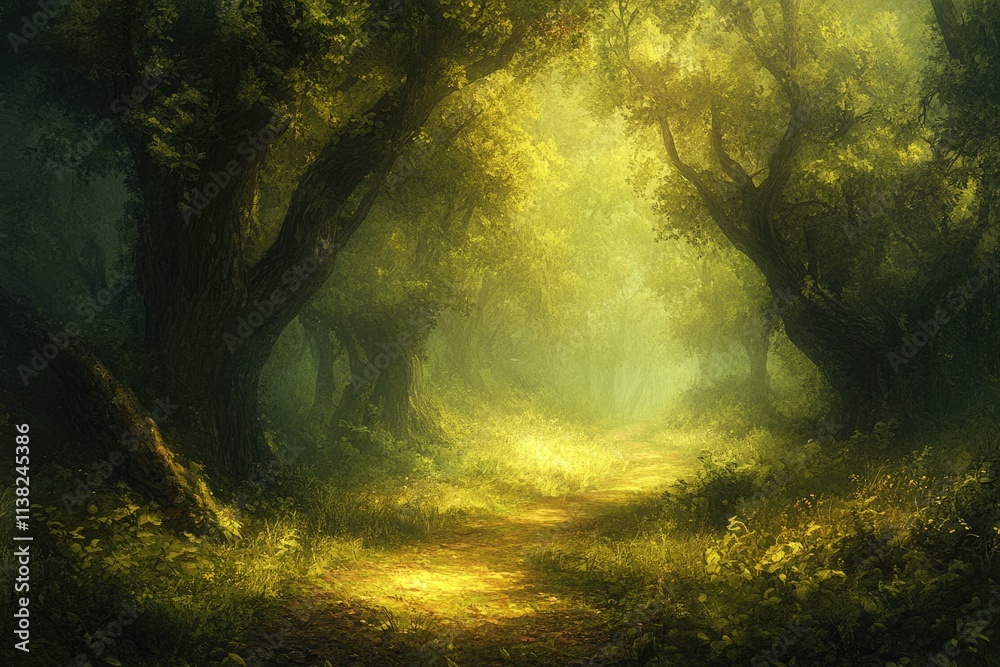 Obraz premium A sunlit path winds through a mystical, verdant forest, creating an enchanting scene.