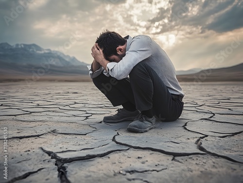 Emotionally distressed man sitting alone on cracked ground in arid landscape, reflecting deep sorrow and isolation under dramatic cloudy sky