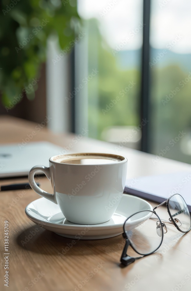 Cup of coffee and eyeglasses in working environment Cup of coffee and eyeglasses in working environment