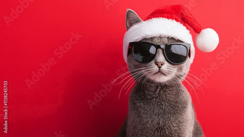 Whimsical illustration of a festive cat in sunglasses and santa hat on red background