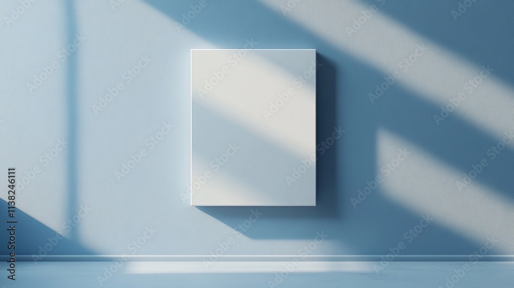 Fototapeta premium A modern minimalist style white canvas template placed in an AOK frame with light blue walls and a soft gradient background. Simple and centered design, with natural light casting delicate shadows
