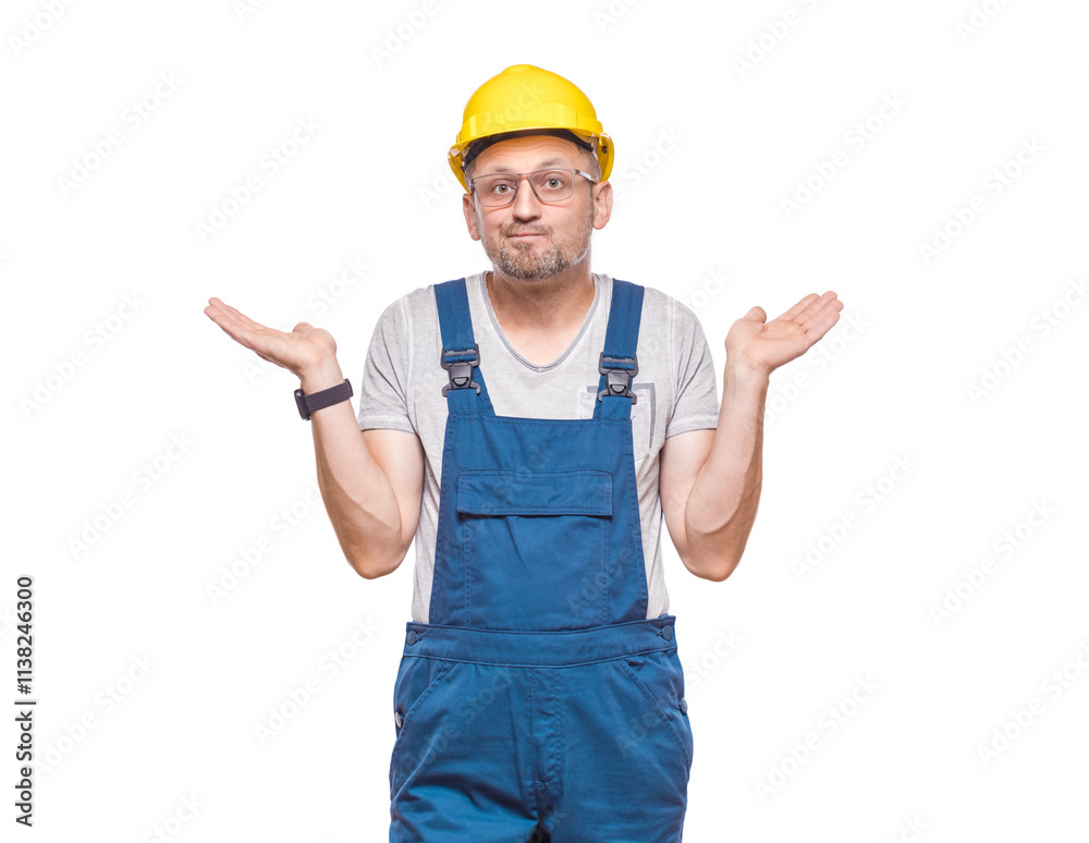 Solution. Middle-aged construction worker with open arms let you to choosing, isolated on white background. Craftsman against white wall Solution. Middle-aged construction worker with open arms let you to choosing, isolated on white background. Craftsman against white wall
