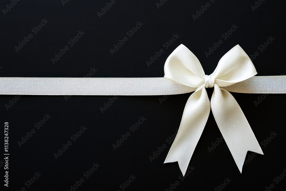 Elegant white bow tied on textured ribbon against a dark background highlights craftsmanship and decoration for various occasions Elegant white bow tied on textured ribbon against a dark background highlights craftsmanship and decoration for various occasions