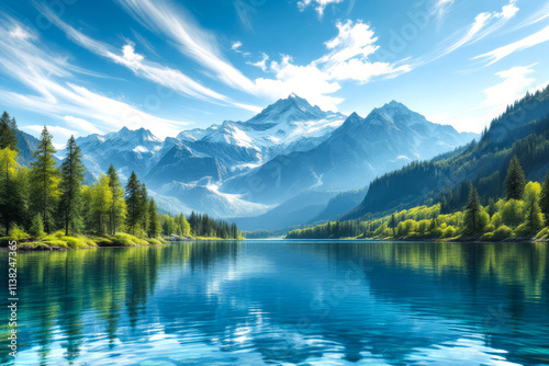 Beautiful mountain lake with a blue sky in the background