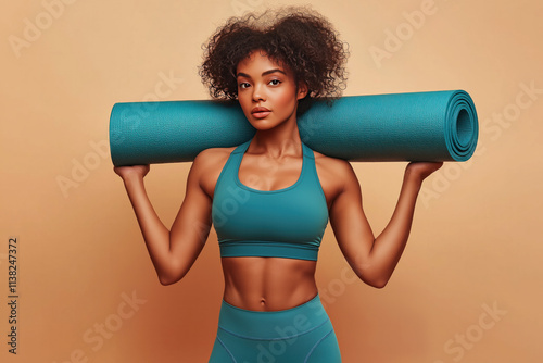 Confident woman holding yoga mats poses in studio before morning workout session photo