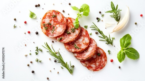 Thinly sliced dry smoked sausage with aromatic herbs and garlic, isolated on a clean white background, inspiring food lovers photo