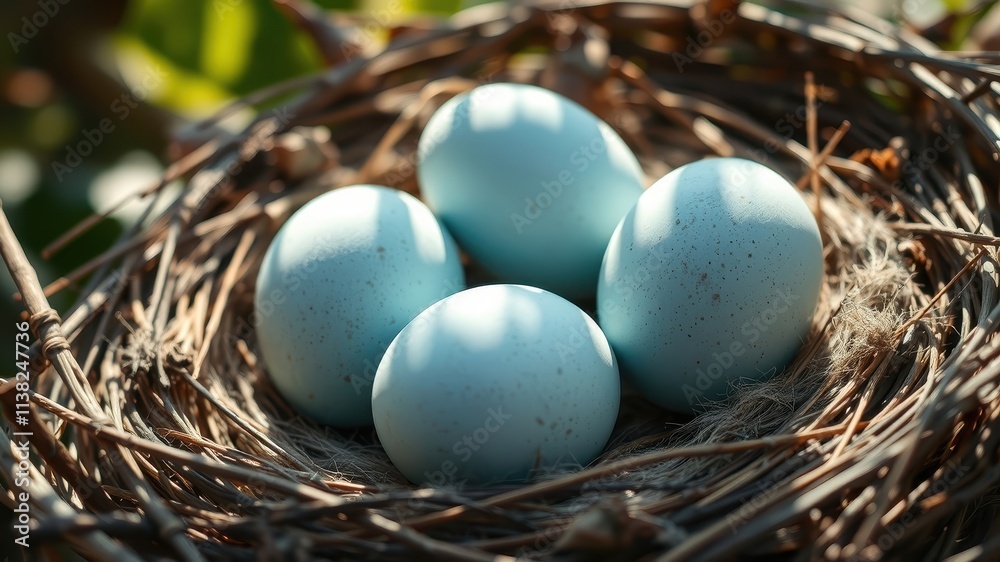 A nest of four pale blue eggs, carefully nestled within a woven basket of twigs, basking in the warm glow of sunlight. A nest of four pale blue eggs, carefully nestled within a woven basket of twigs, basking in the warm glow of sunlight.