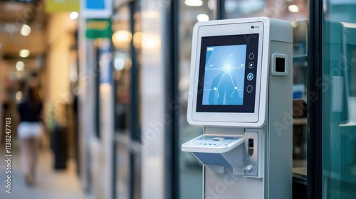 A sleek self-service kiosk stands in a bustling shopping area, offering digital interaction and convenience to customers.