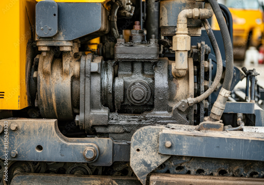 Detailed view of hydraulic machinery components used in construction at a worksite during daylight hours Detailed view of hydraulic machinery components used in construction at a worksite during daylight hours