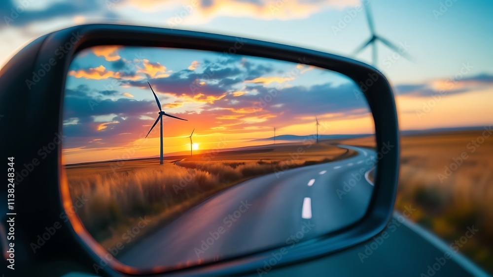 Rearview mirror driving a car and seeing an electric windmill generator Rearview mirror driving a car and seeing an electric windmill generator