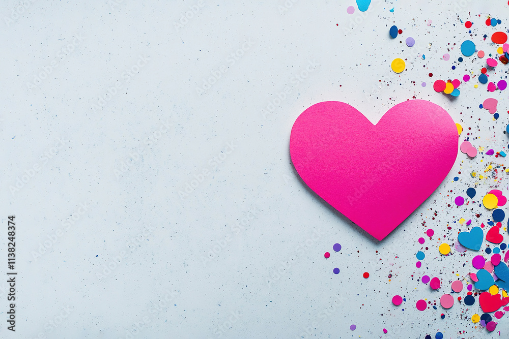 Creating a festive atmosphere with pink heart and colorful confetti Creating a festive atmosphere with pink heart and colorful confetti