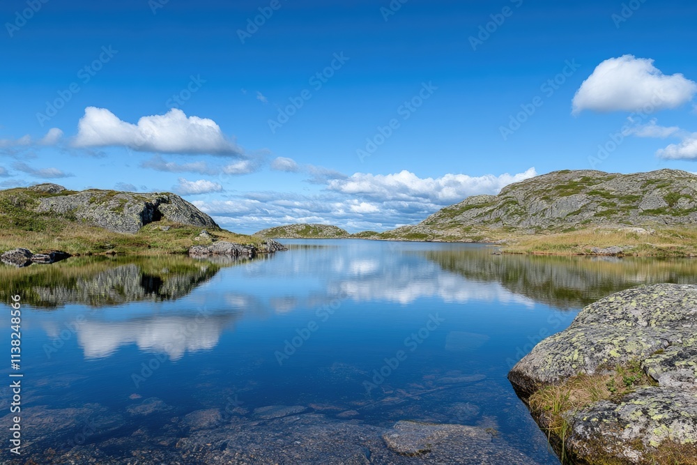 Serene mountain lake reflecting a stunning blue sky and fluffy clouds, a picturesque landscape. Serene mountain lake reflecting a stunning blue sky and fluffy clouds, a picturesque landscape.