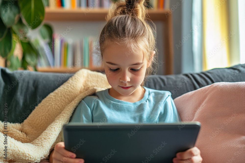 Young girl focused on tablet while comfortably sitting on a couch at home in the afternoon Young girl focused on tablet while comfortably sitting on a couch at home in the afternoon