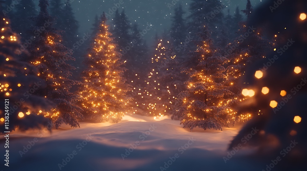 Naklejka premium Christmas Lights Twinkling on Snow-covered Trees in Forest