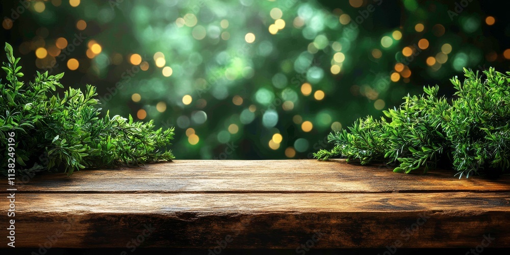 A background with a wooden surface in the foreground, neutral space for potential ad design. The background is softly blurred with natural elements like green trees, grass, and flowers, A background with a wooden surface in the foreground, neutral space for potential ad design. The background is softly blurred with natural elements like green trees, grass, and flowers,