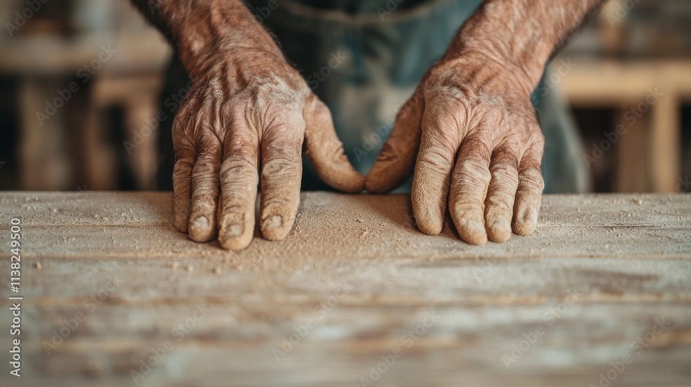 Close-Up of Experienced Craftsman's Hands Generating Dust on a Wooden Table in a Rustic Workshop, Emphasizing the Artistry of Woodworking and the Skilled Touch of a Artisan Close-Up of Experienced Craftsman's Hands Generating Dust on a Wooden Table in a Rustic Workshop, Emphasizing the Artistry of Woodworking and the Skilled Touch of a Artisan